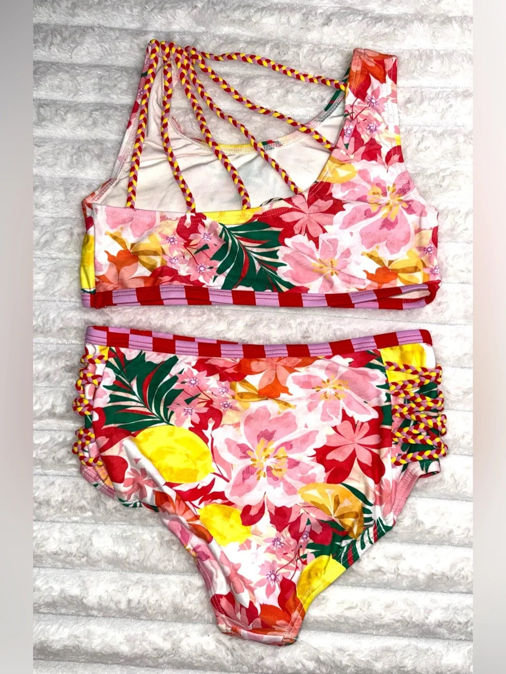 Matilda Jane Luau Two Piece Swimsuit in a Bright Floral/Lemon Print, sz 6, NWT